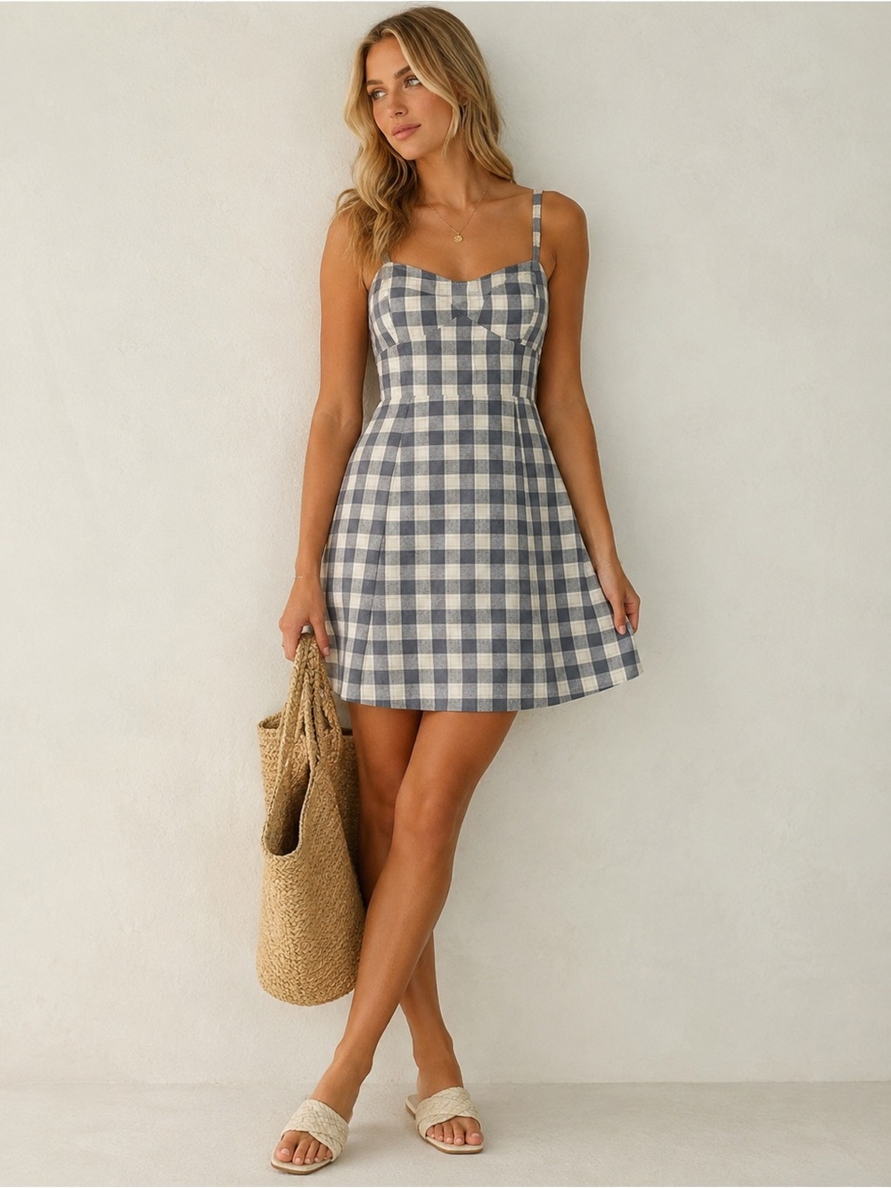 Promesa NWT Gray Gingham Cotton Fit & Flare Mini Dress Open Back Small
